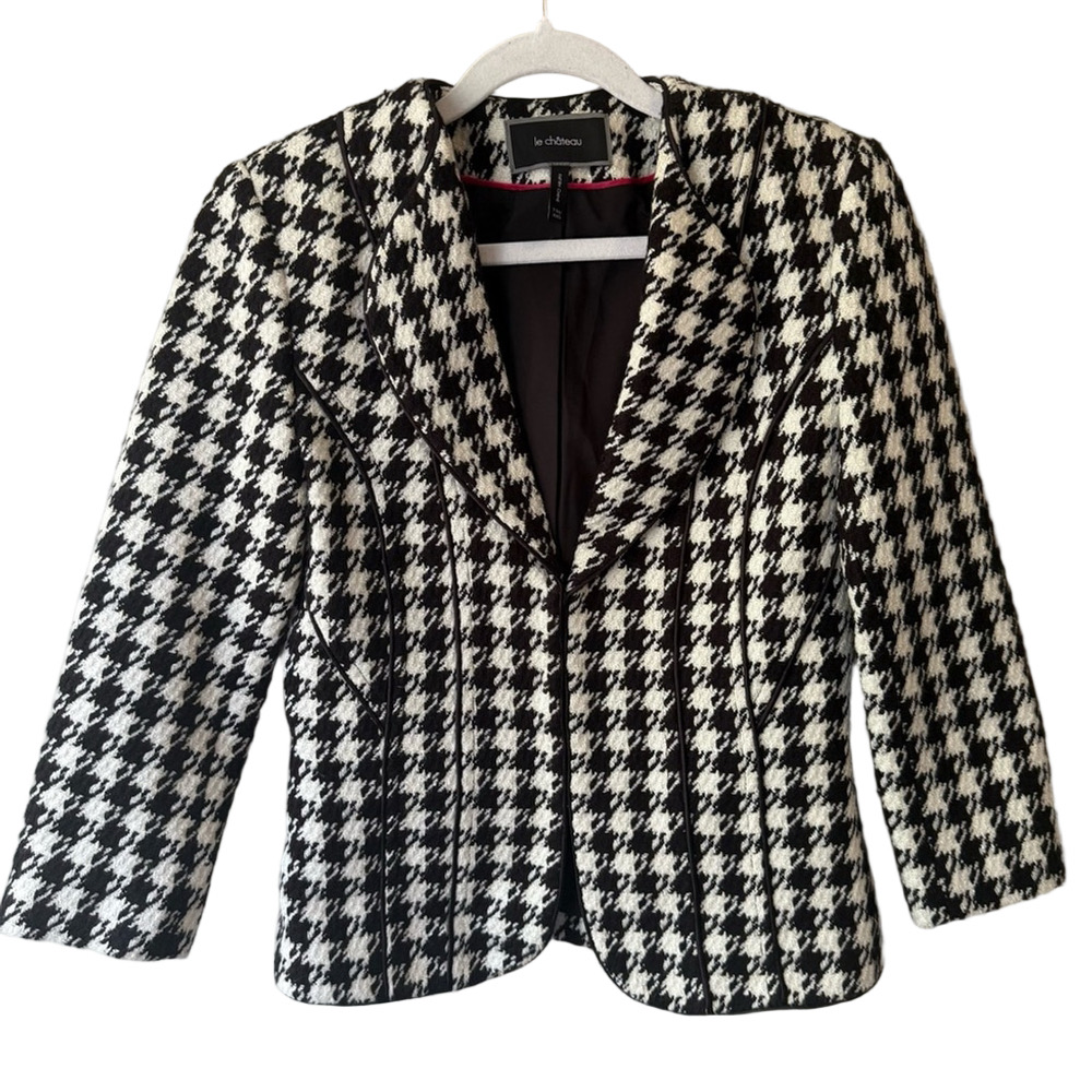 Le Chateau Black White and Gold Houndstooth Blazer Women’s XXS - Picture 2 of 15
